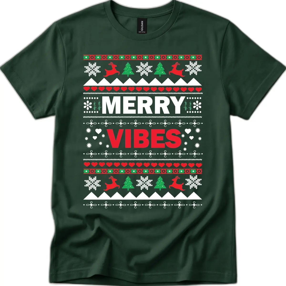 Merry Vibes Ugly Christmas Sweater T-Shirt in Forest Green