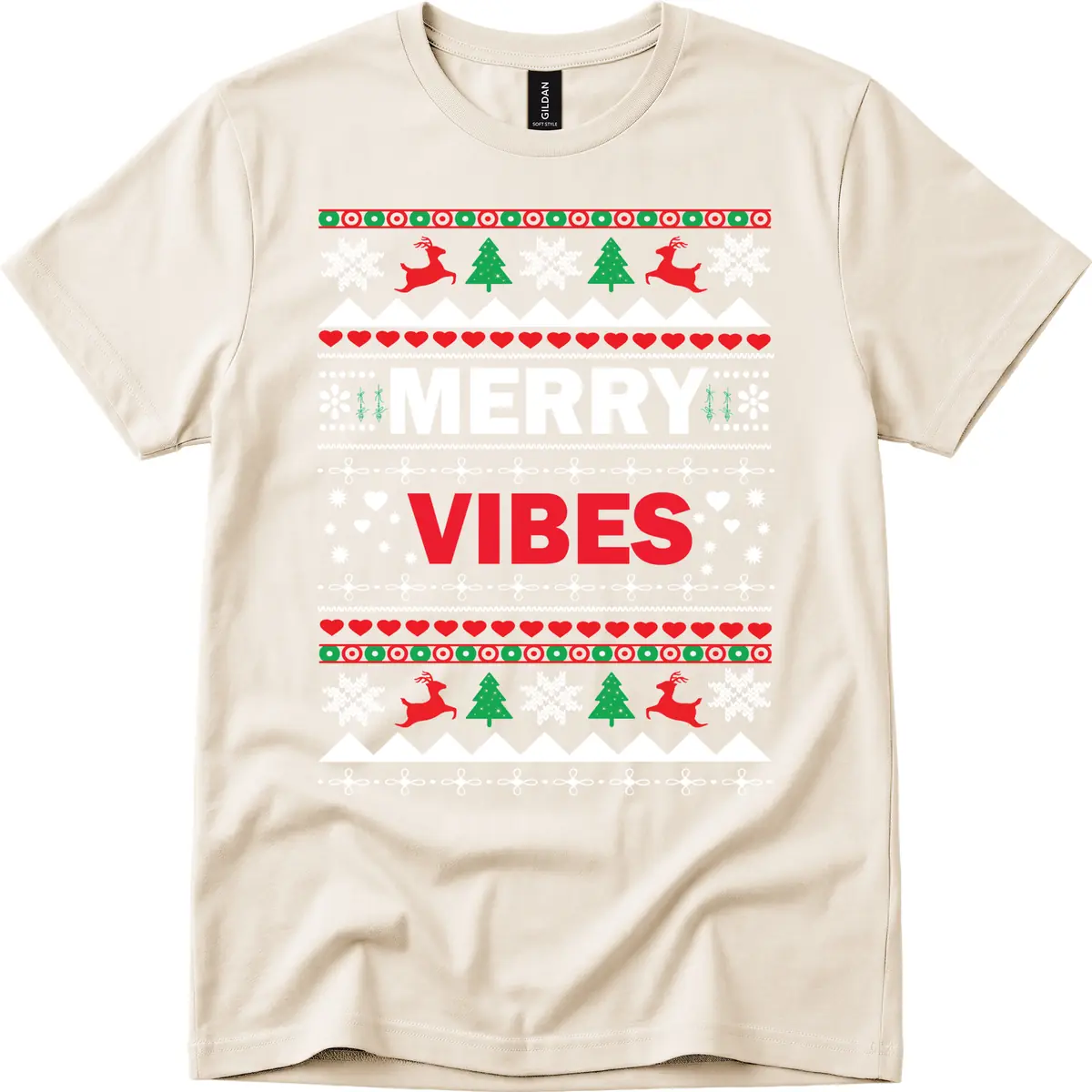 Merry Vibes Ugly Christmas Sweater T-Shirt in Natural