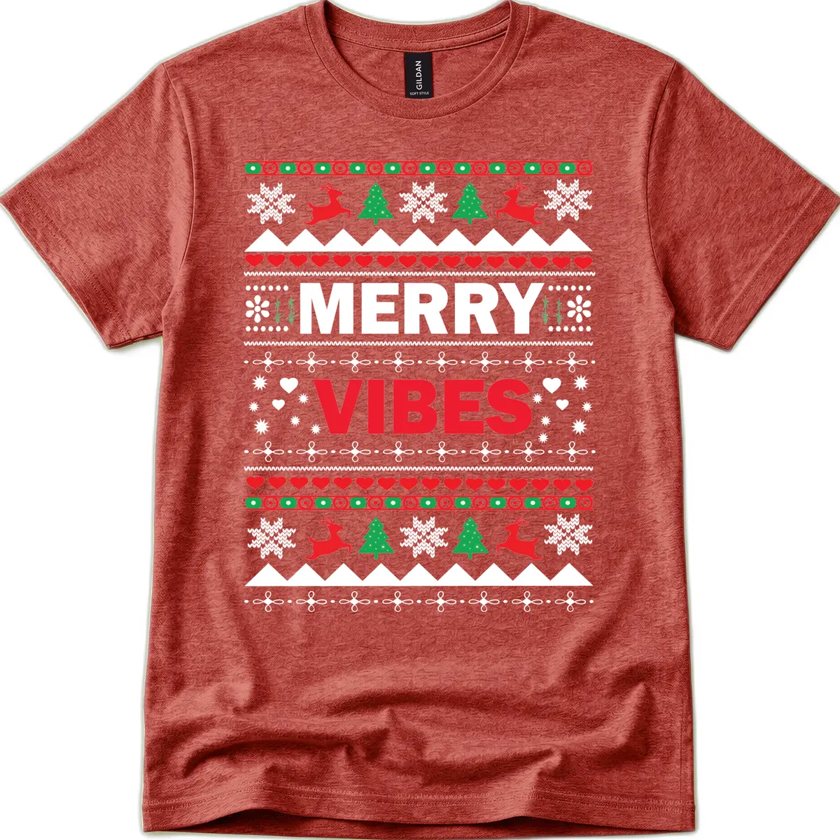 Merry Vibes Ugly Christmas Sweater T-Shirt in Heather Cardinal