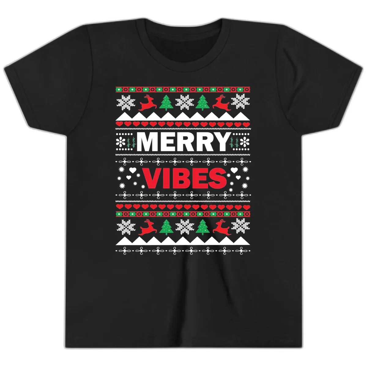 Merry Vibes Ugly Christmas Sweater Youth T-Shirt in Black