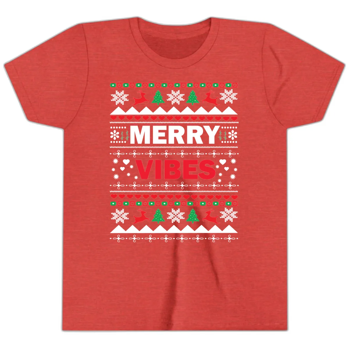Merry Vibes Ugly Christmas Sweater Youth T-Shirt in Heather Red