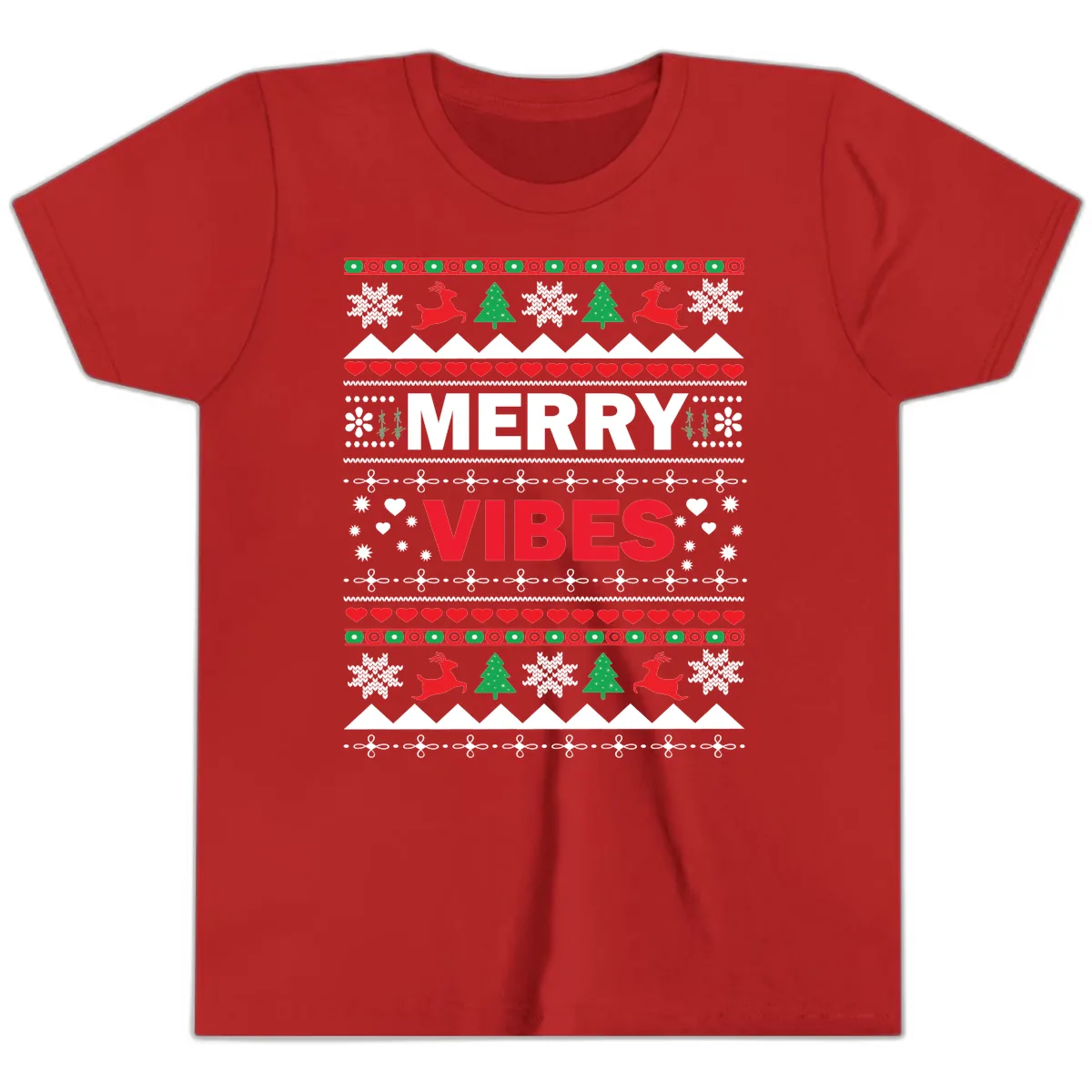 Merry Vibes Ugly Christmas Sweater Youth T-Shirt in Red