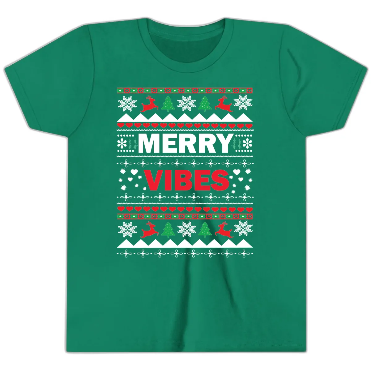 Merry Vibes Ugly Christmas Sweater Youth T-Shirt in Kelly