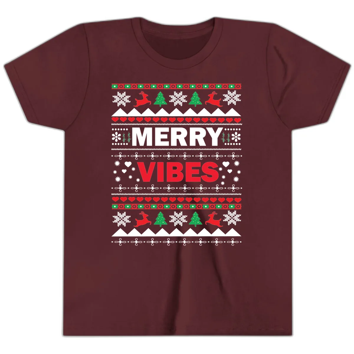 Merry Vibes Ugly Christmas Sweater Youth T-Shirt in Maroon