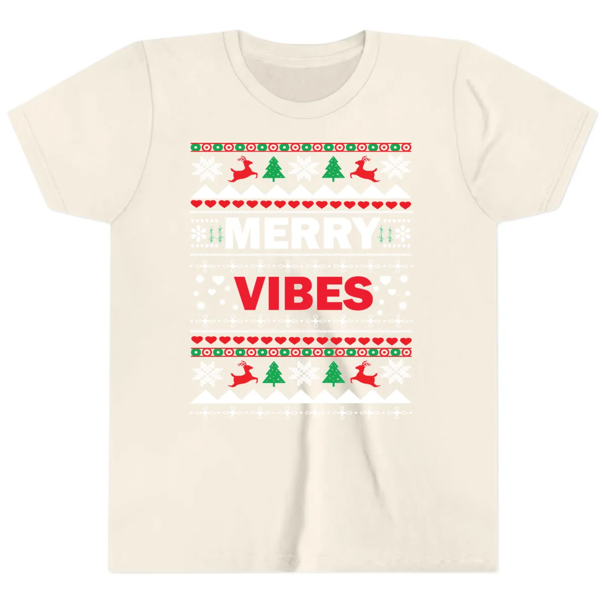 Merry Vibes Ugly Christmas Sweater Youth T-Shirt in Natural