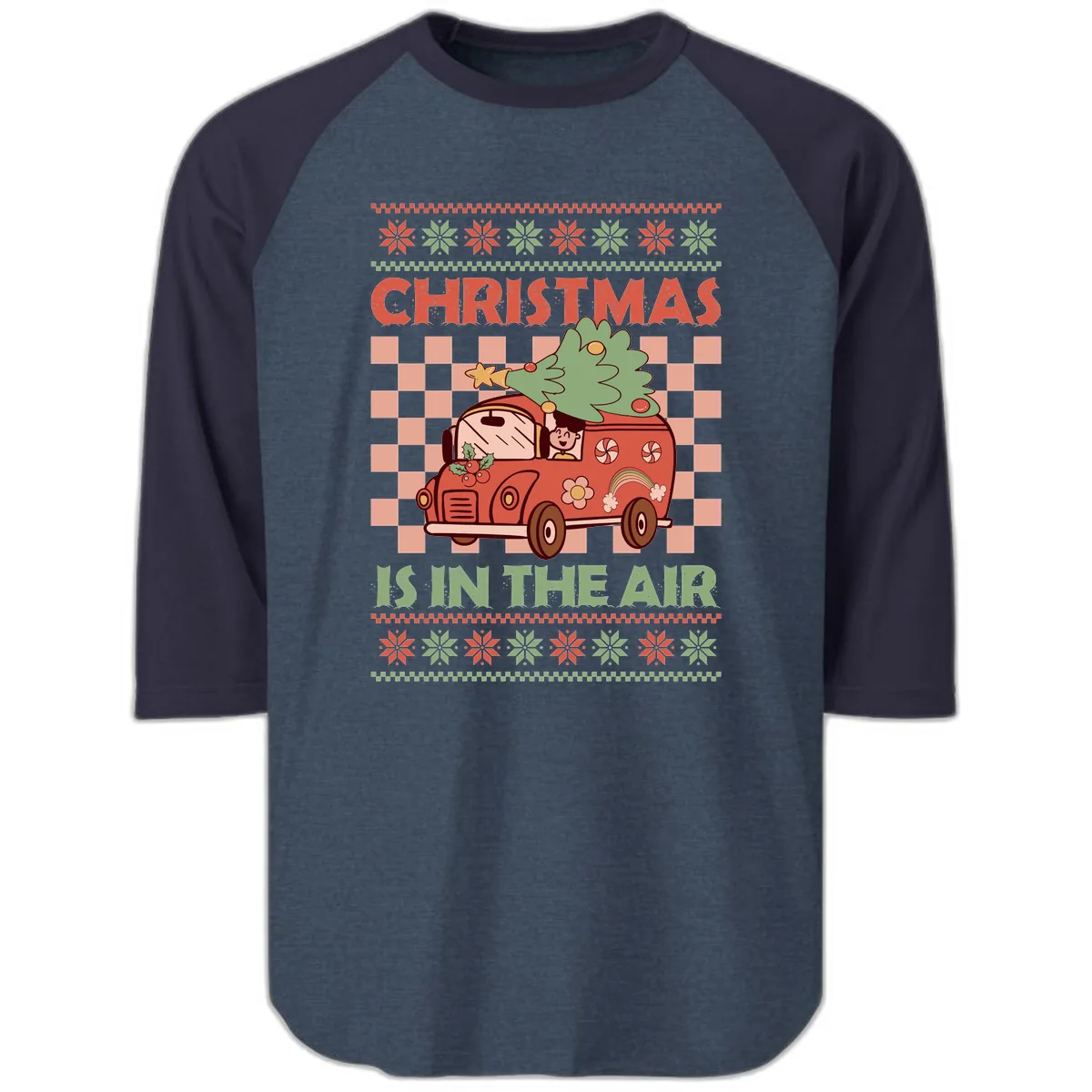 Christmas Is In The Air Van Raglan 3/4 in Heather Denim Navy