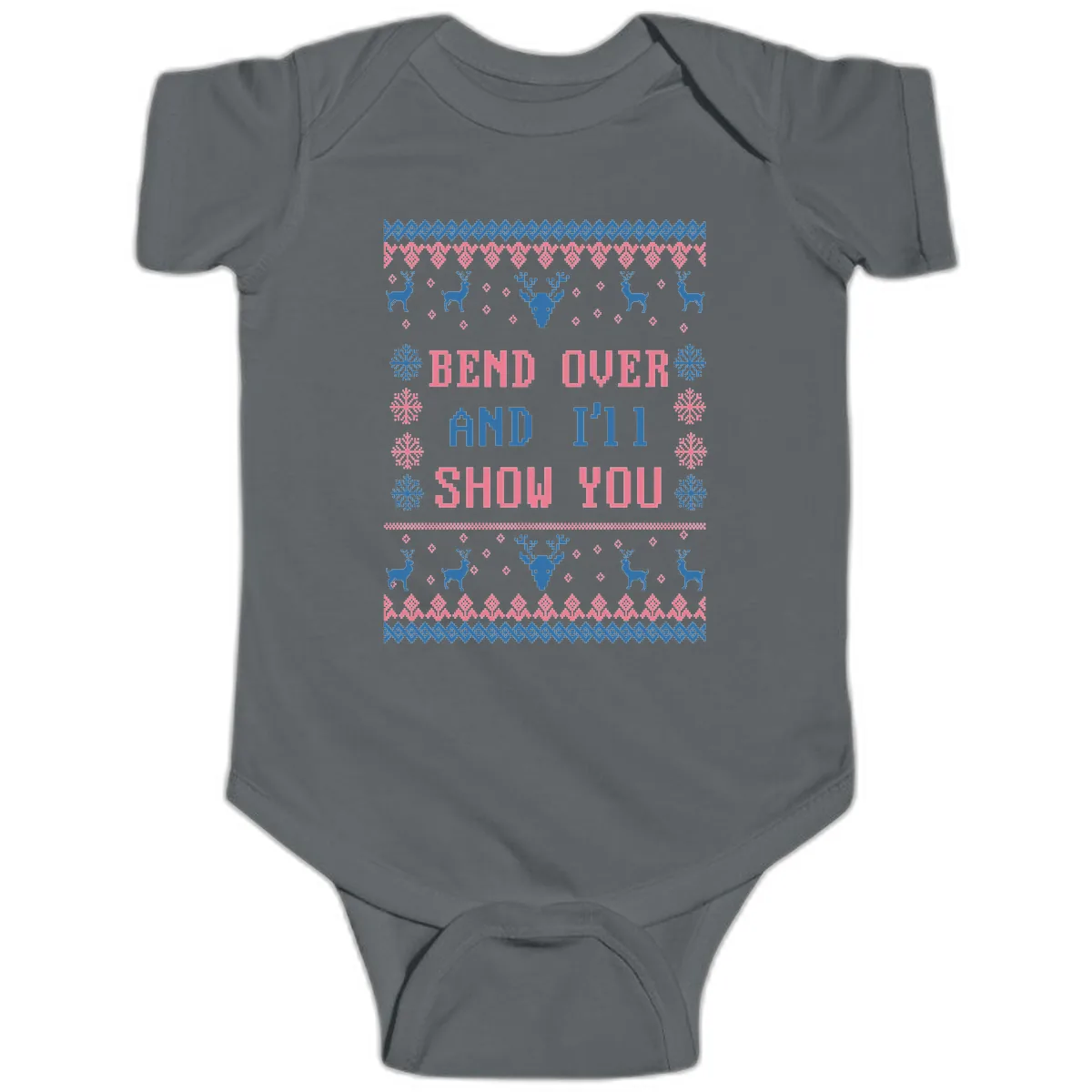 Bend Over And I'll Show You Ugly Christmas Baby Onesie in Charcoal