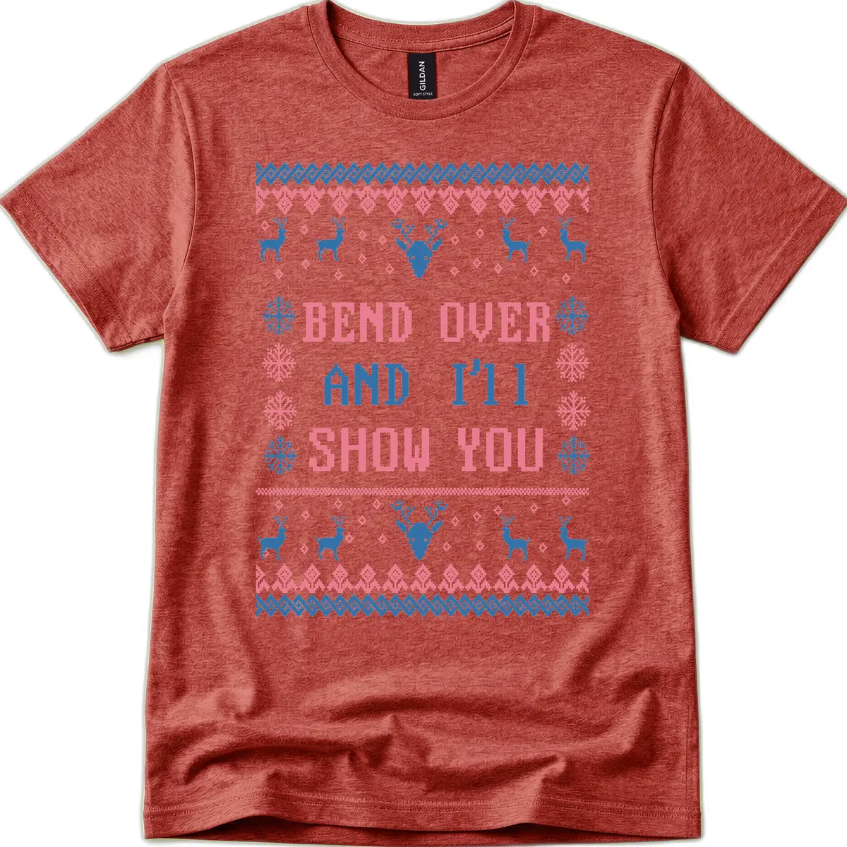 Bend Over And I'll Show You Ugly Christmas T-Shirt in Heather Cardinal