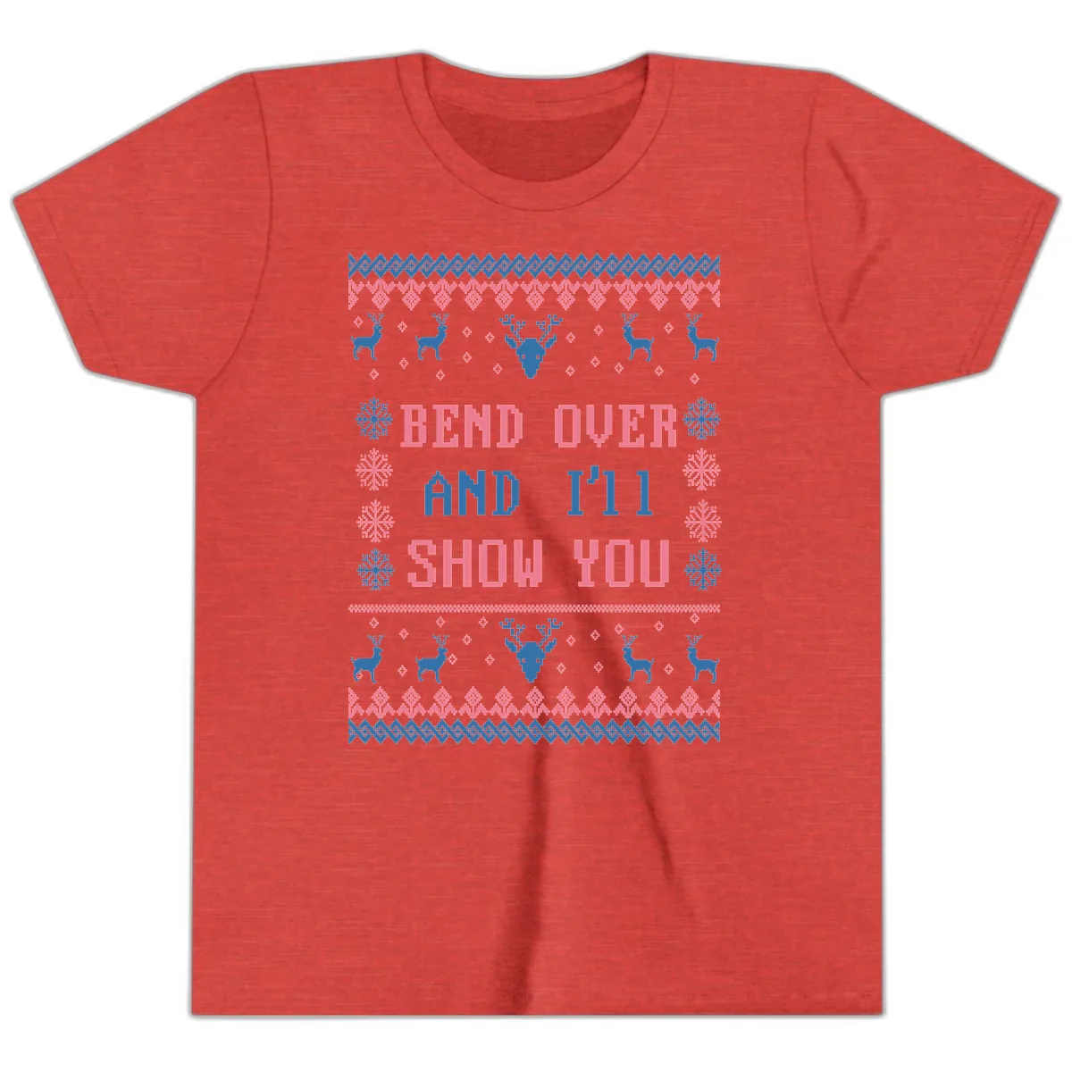 Bend Over And I'll Show You Ugly Christmas Youth T-Shirt in Heather Red