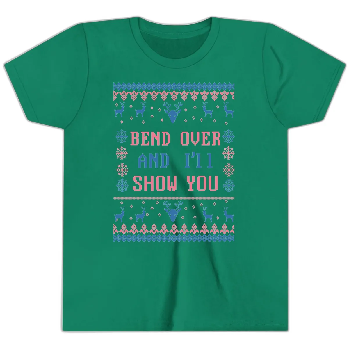 Bend Over And I'll Show You Ugly Christmas Youth T-Shirt in Kelly
