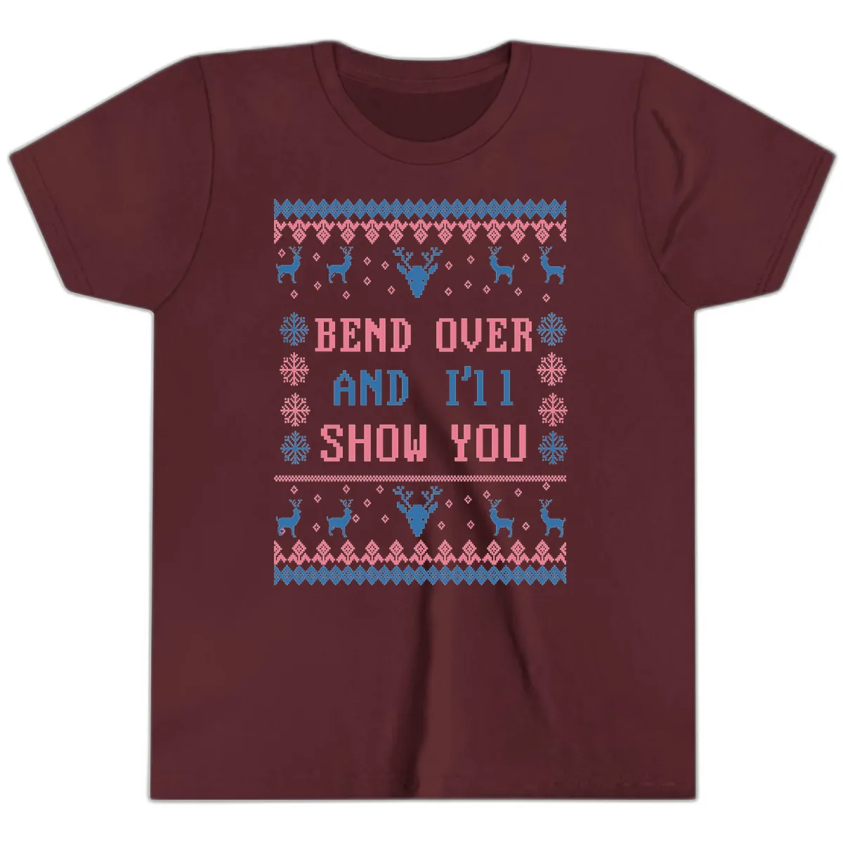 Bend Over And I'll Show You Ugly Christmas Youth T-Shirt in Maroon