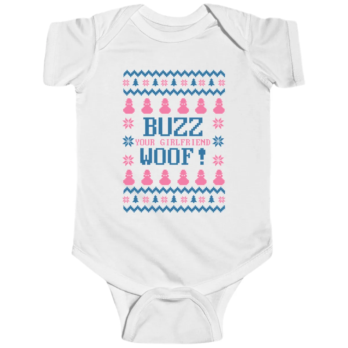 Buzz Your Girlfriend Woof Christmas Baby Onesie in White
