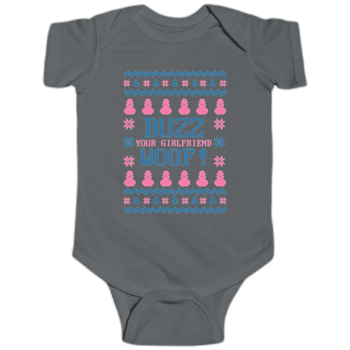 Buzz Your Girlfriend Woof Christmas Baby Onesie in Charcoal