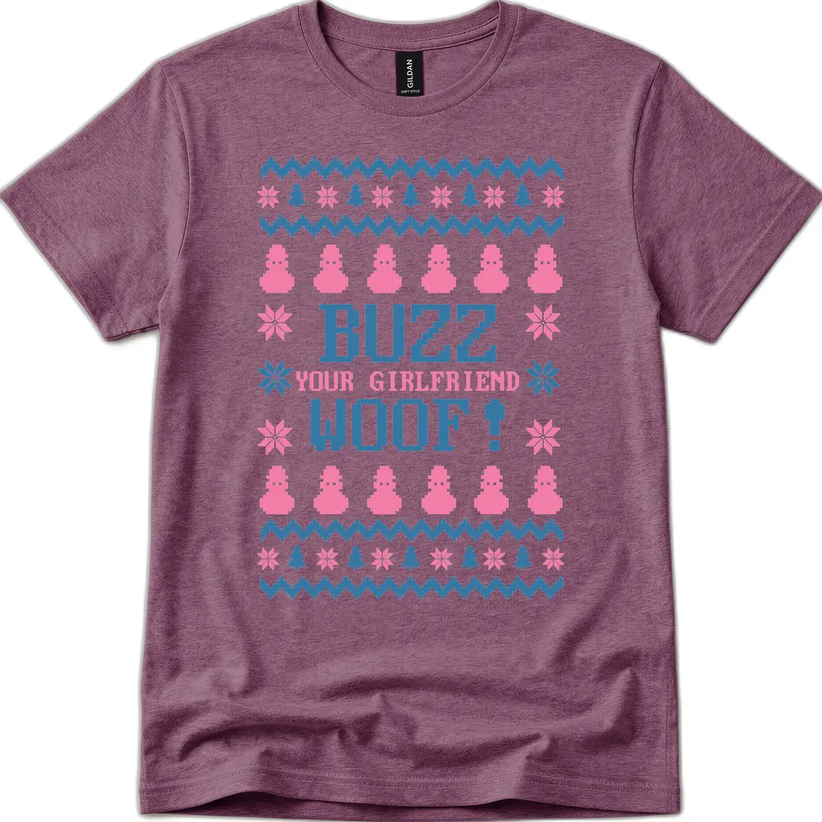 Buzz Your Girlfriend Woof Christmas T-Shirt in Heather Maroon