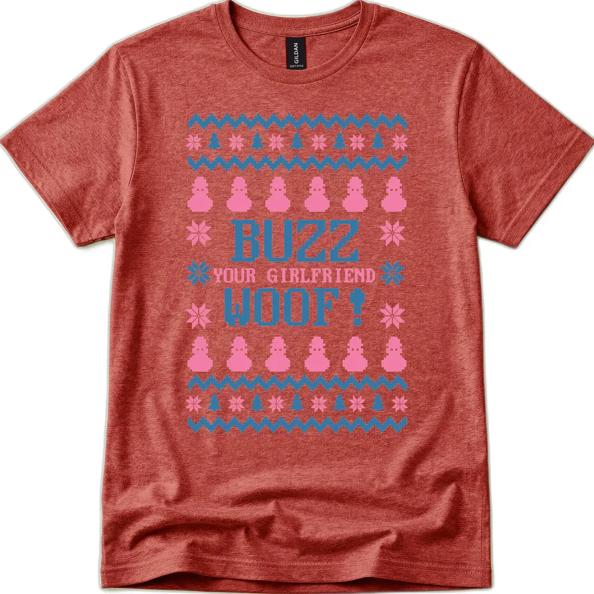 Buzz Your Girlfriend Woof Christmas T-Shirt in Heather Cardinal
