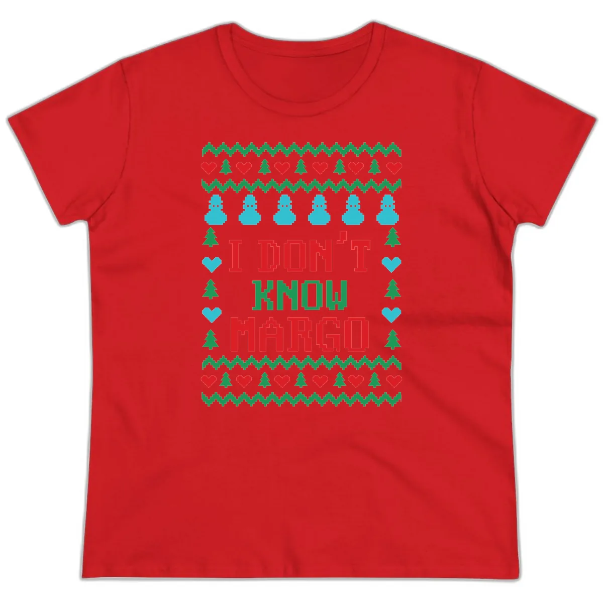 I Don't Know Margo Ugly Christmas Sweater Ladies Tee in Red