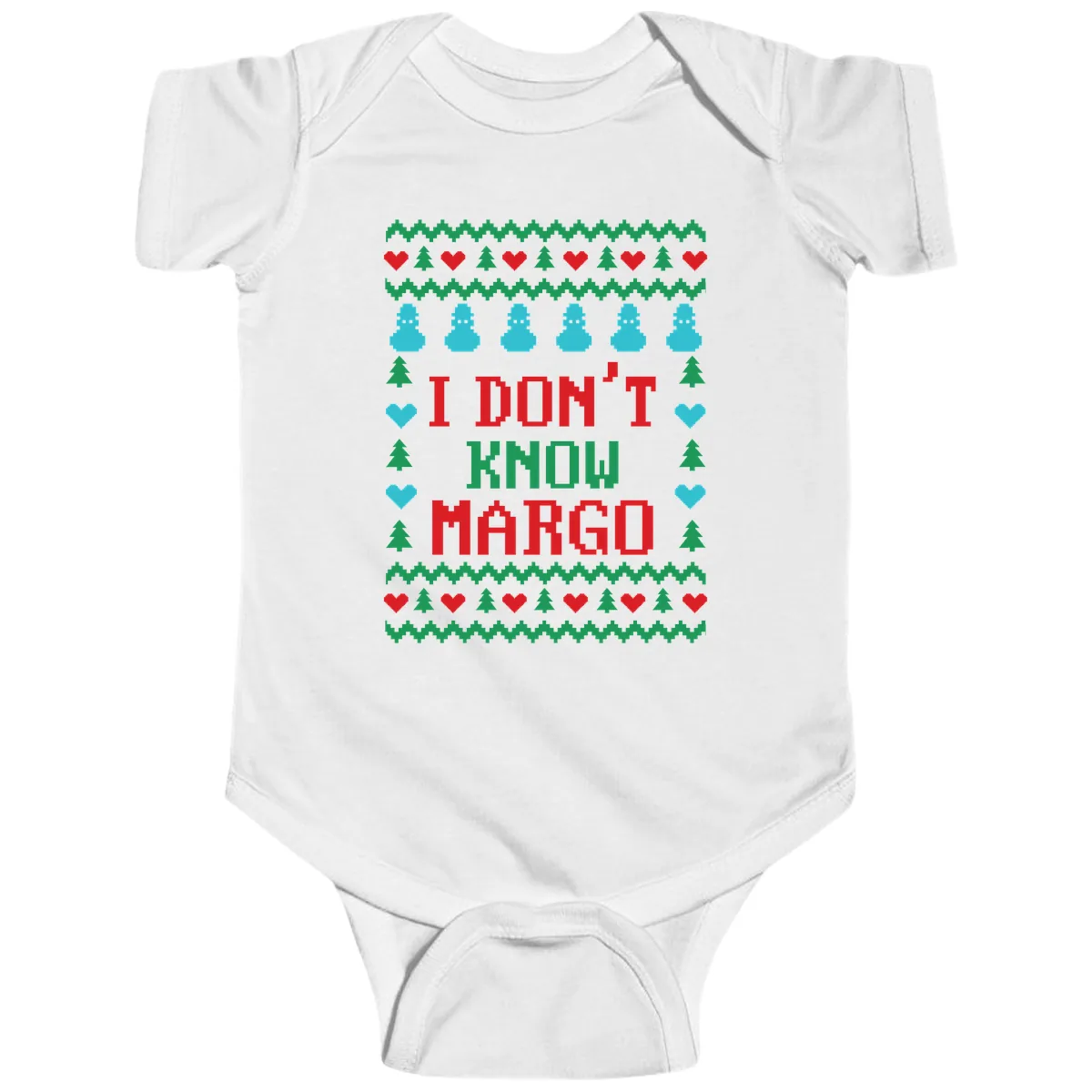 I Don't Know Margo Ugly Christmas Sweater Baby Onesie in White
