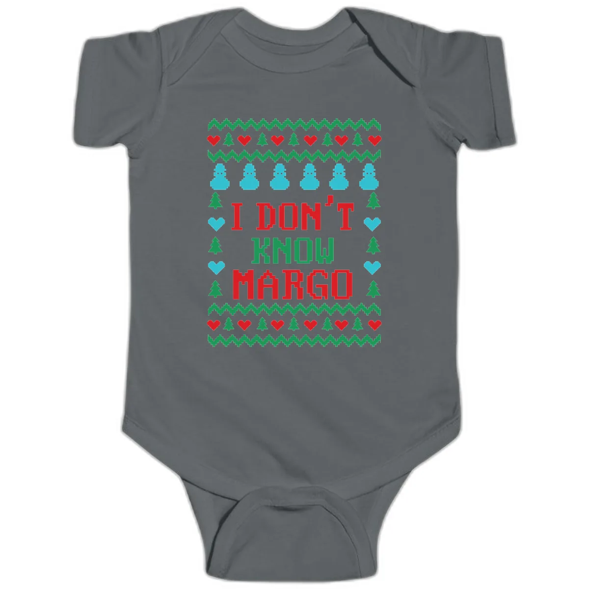 I Don't Know Margo Ugly Christmas Sweater Baby Onesie in Charcoal