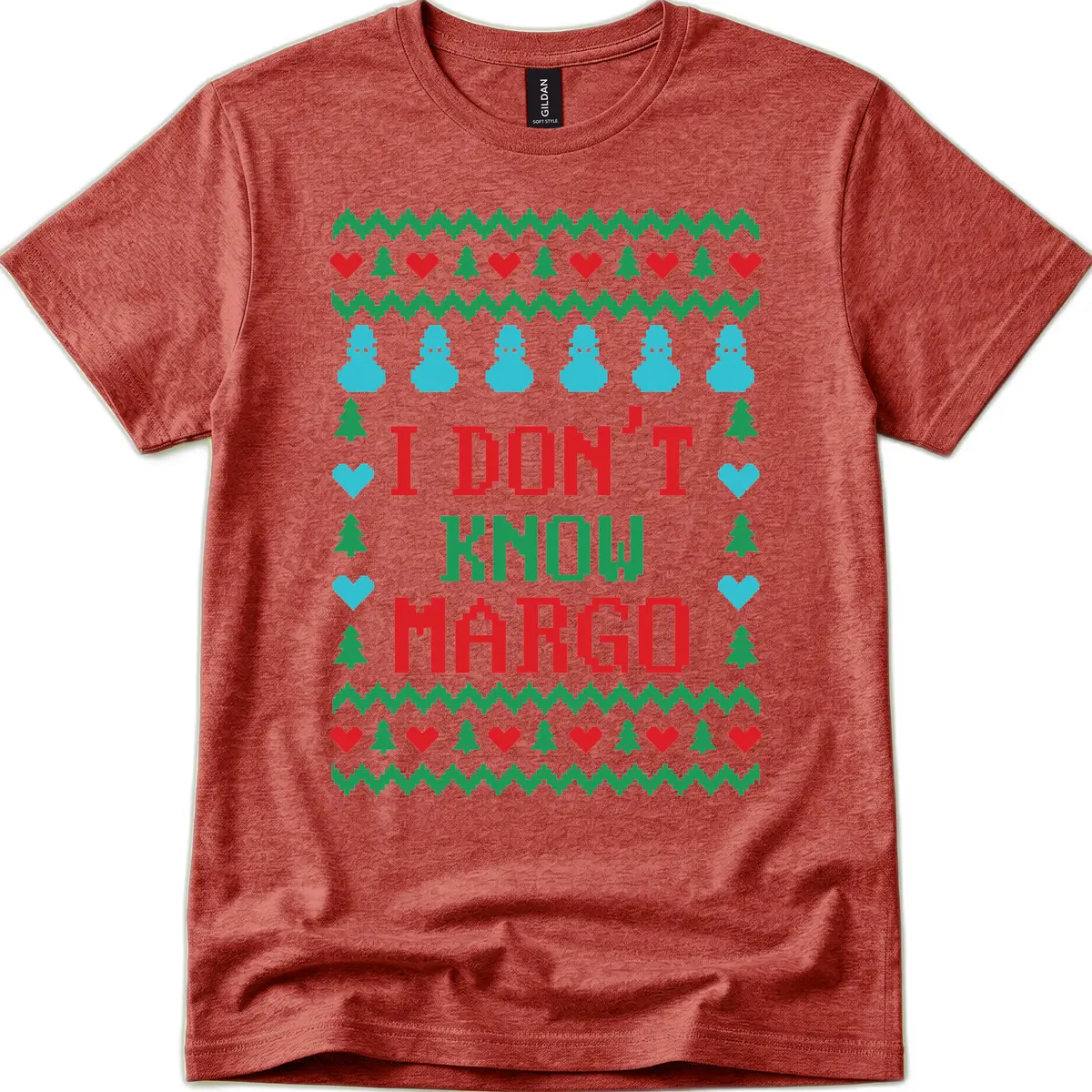 I Don't Know Margo Ugly Christmas Sweater T-Shirt in Heather Cardinal