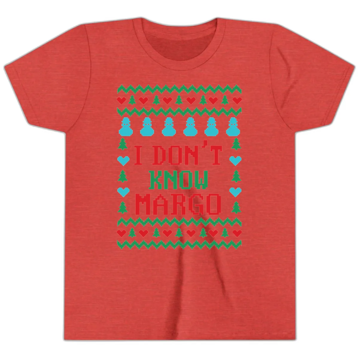 I Don't Know Margo Ugly Christmas Sweater Youth T-Shirt in Heather Red