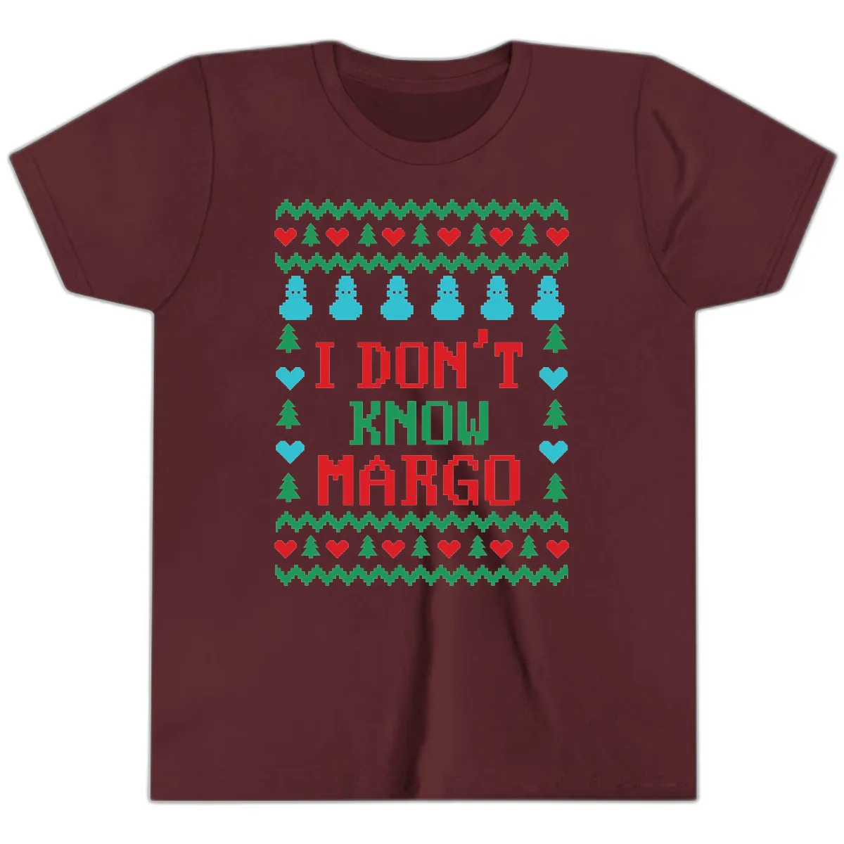 I Don't Know Margo Ugly Christmas Sweater Youth T-Shirt in Maroon