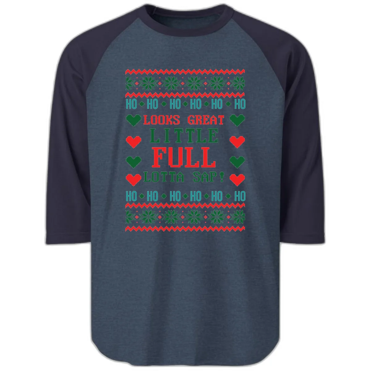 Ho Ho Ho Lotta Sap Ugly Christmas Sweater Design Raglan 3/4 in Heather Denim Navy