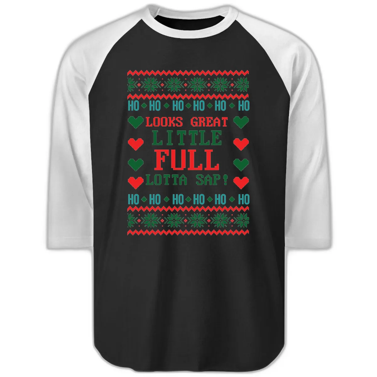 Ho Ho Ho Lotta Sap Ugly Christmas Sweater Design Raglan 3/4 in Black White