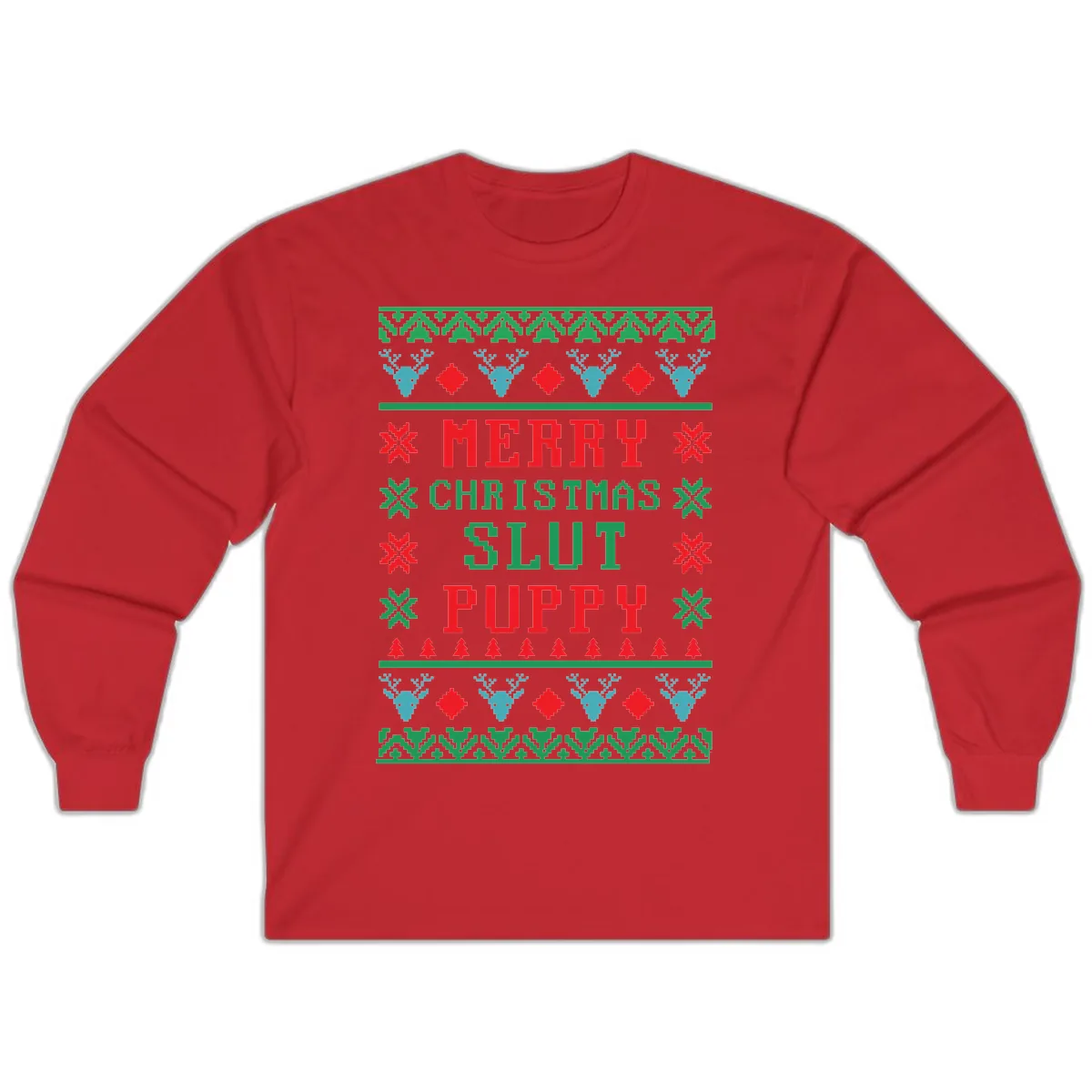 Merry Christmas Slut Puppy Ugly Sweater Long Sleeve in Red