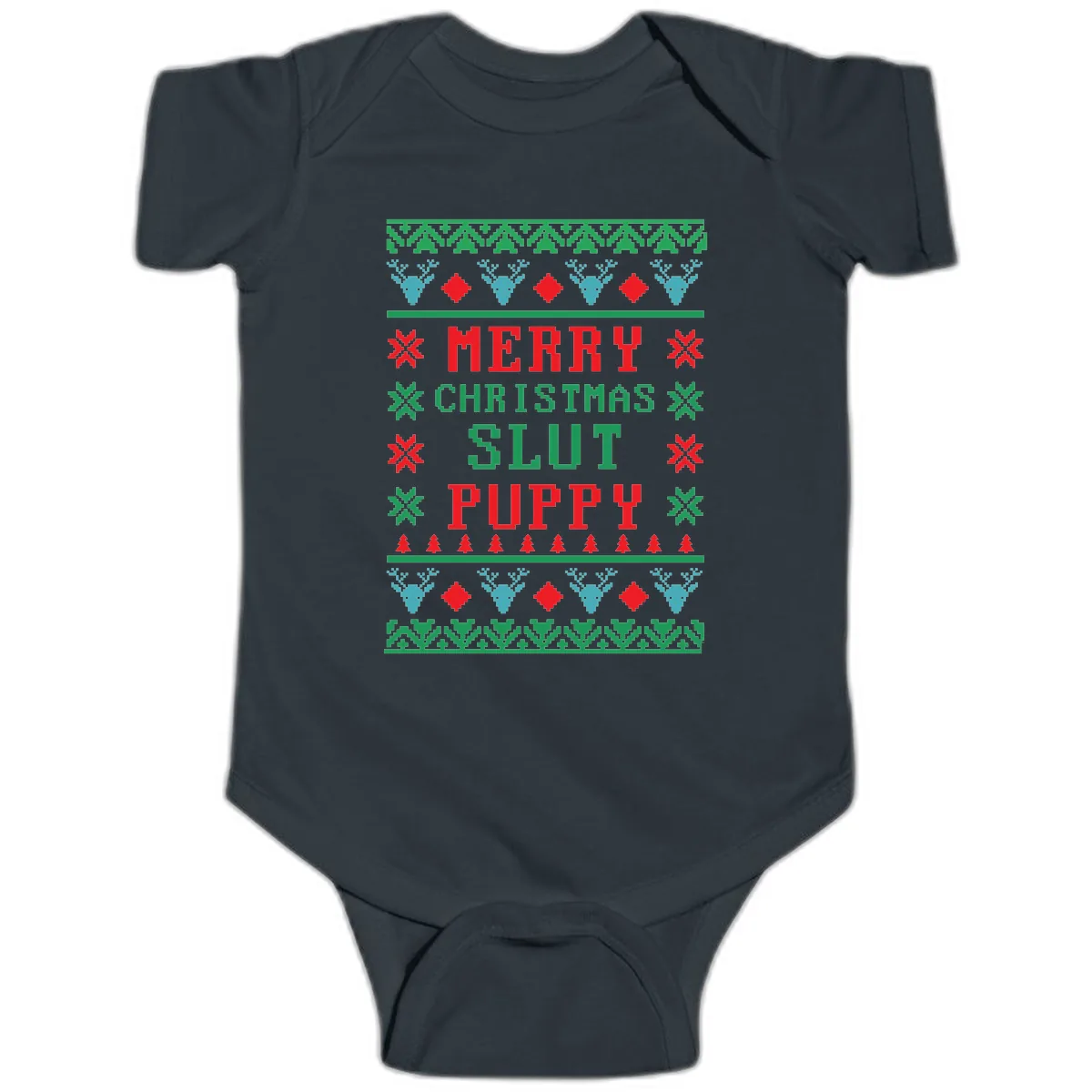 Merry Christmas Slut Puppy Ugly Sweater Baby Onesie in Black