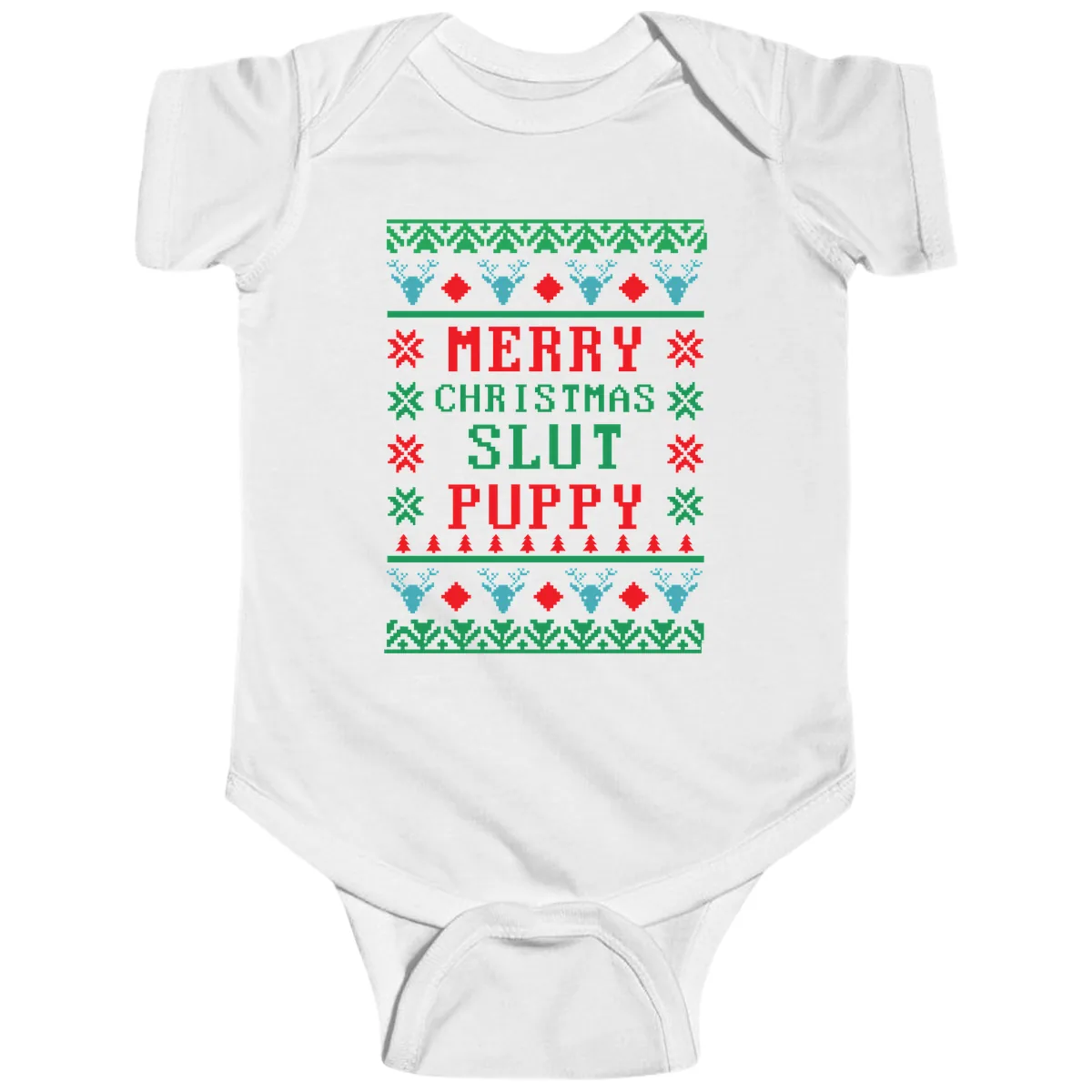 Merry Christmas Slut Puppy Ugly Sweater Baby Onesie in White