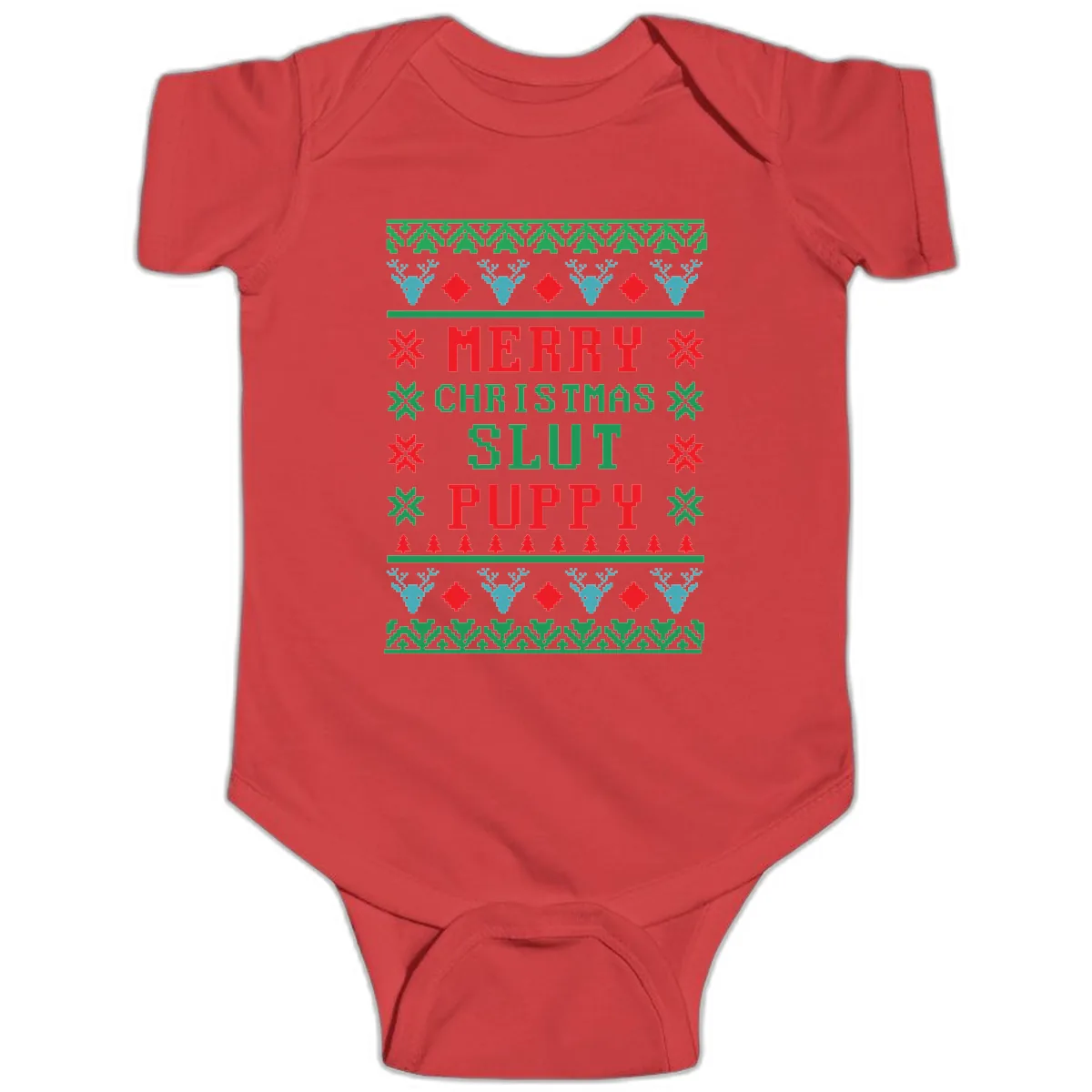 Merry Christmas Slut Puppy Ugly Sweater Baby Onesie in Red