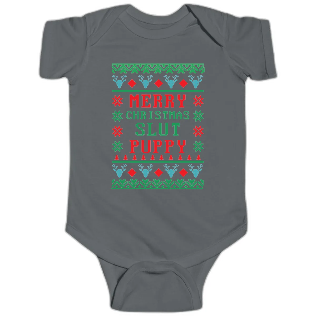 Merry Christmas Slut Puppy Ugly Sweater Baby Onesie in Charcoal