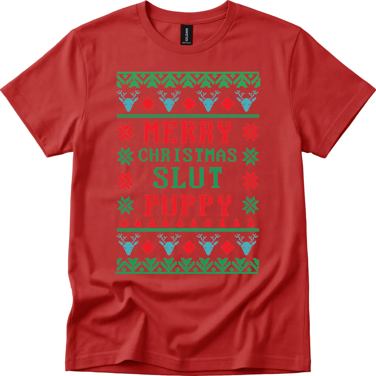 Merry Christmas Slut Puppy Ugly Sweater T-Shirt in Red