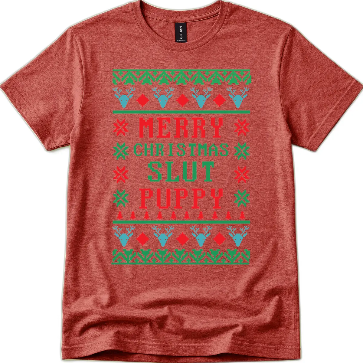 Merry Christmas Slut Puppy Ugly Sweater T-Shirt in Heather Cardinal
