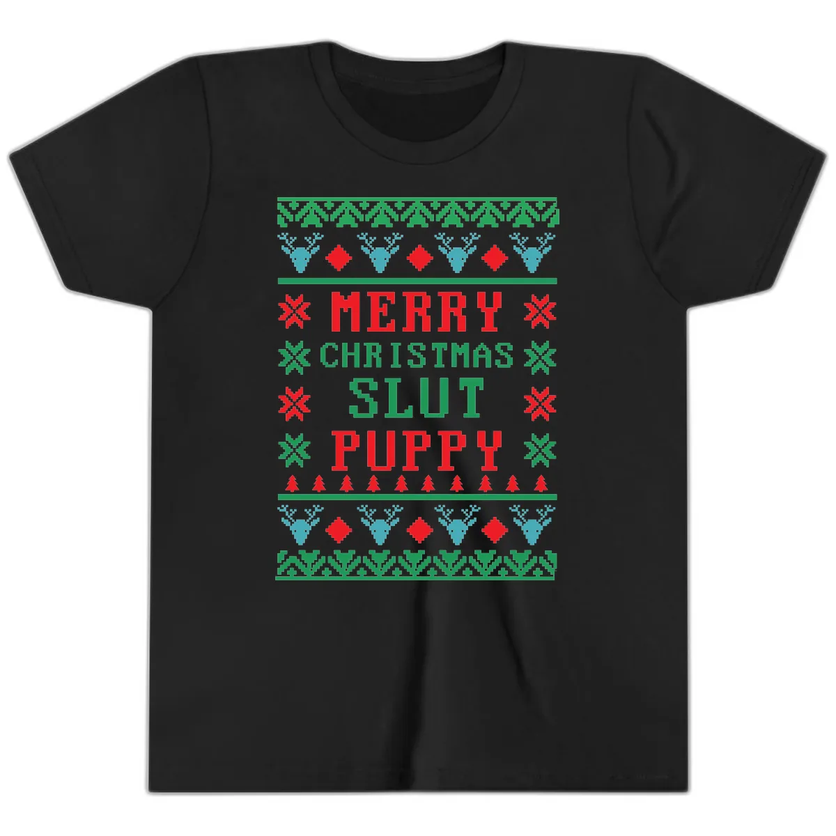 Merry Christmas Slut Puppy Ugly Sweater Youth T-Shirt in Black
