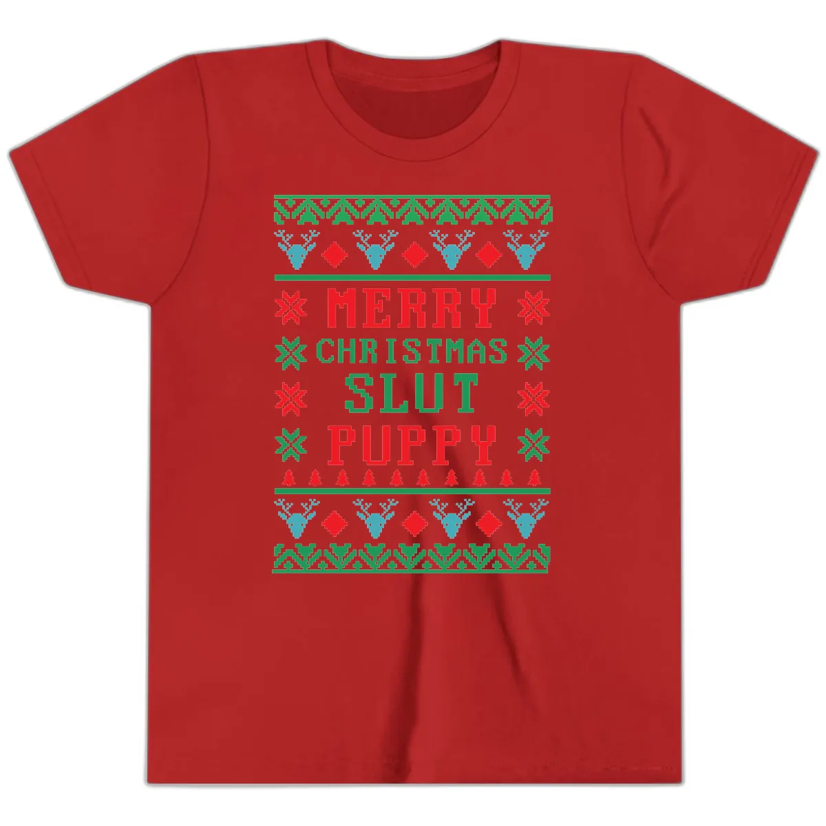 Merry Christmas Slut Puppy Ugly Sweater Youth T-Shirt in Red