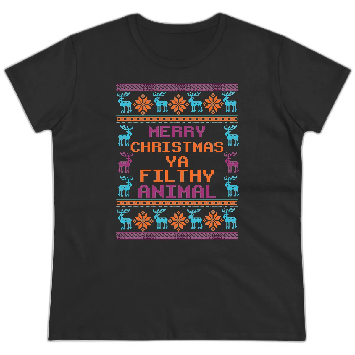 Merry Christmas Ya Filthy Animal Ugly Sweater Ladies Tee in Black