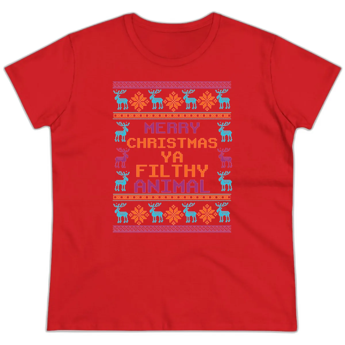 Merry Christmas Ya Filthy Animal Ugly Sweater Ladies Tee in Red