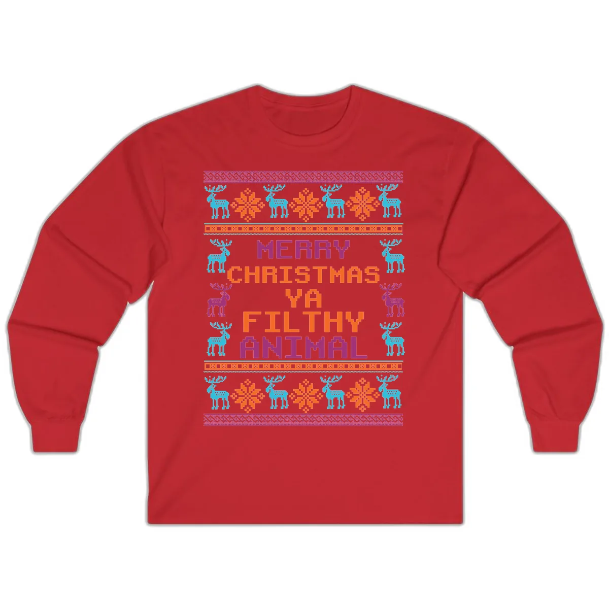 Merry Christmas Ya Filthy Animal Ugly Sweater Long Sleeve in Red