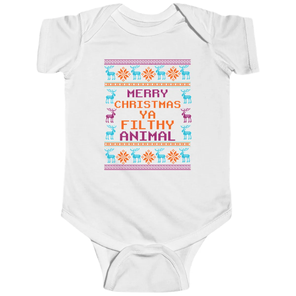 Merry Christmas Ya Filthy Animal Ugly Sweater Baby Onesie in White