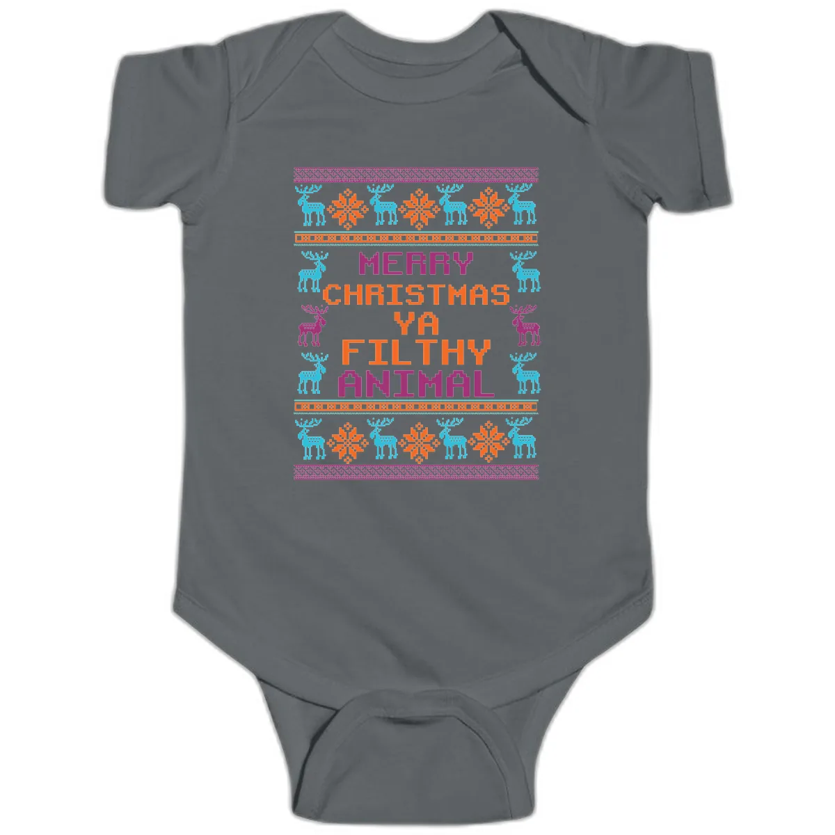 Merry Christmas Ya Filthy Animal Ugly Sweater Baby Onesie in Charcoal