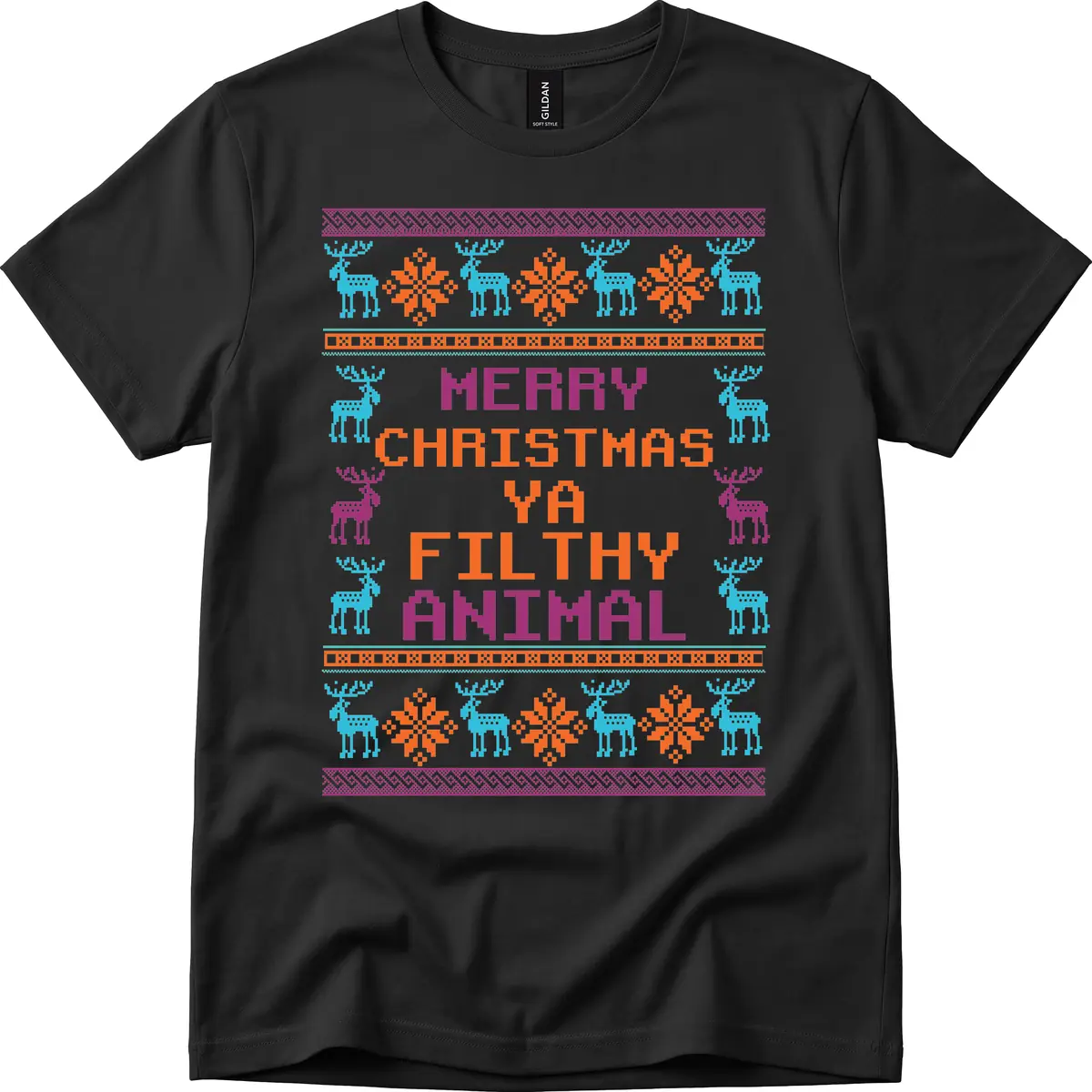 Merry Christmas Ya Filthy Animal Ugly Sweater T-Shirt in Black