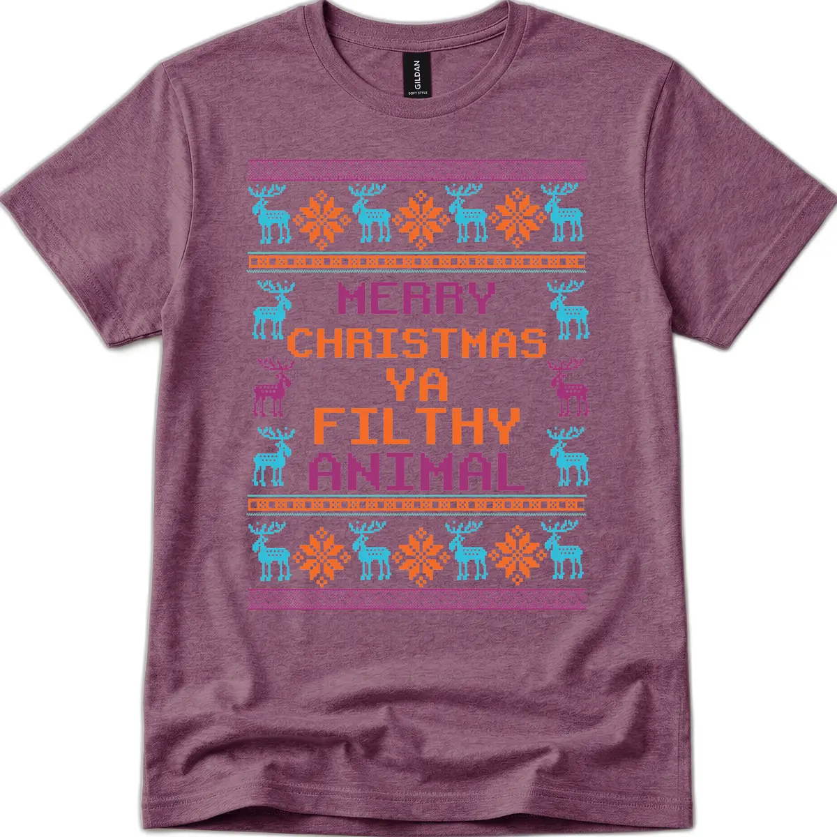 Merry Christmas Ya Filthy Animal Ugly Sweater T-Shirt in Heather Maroon