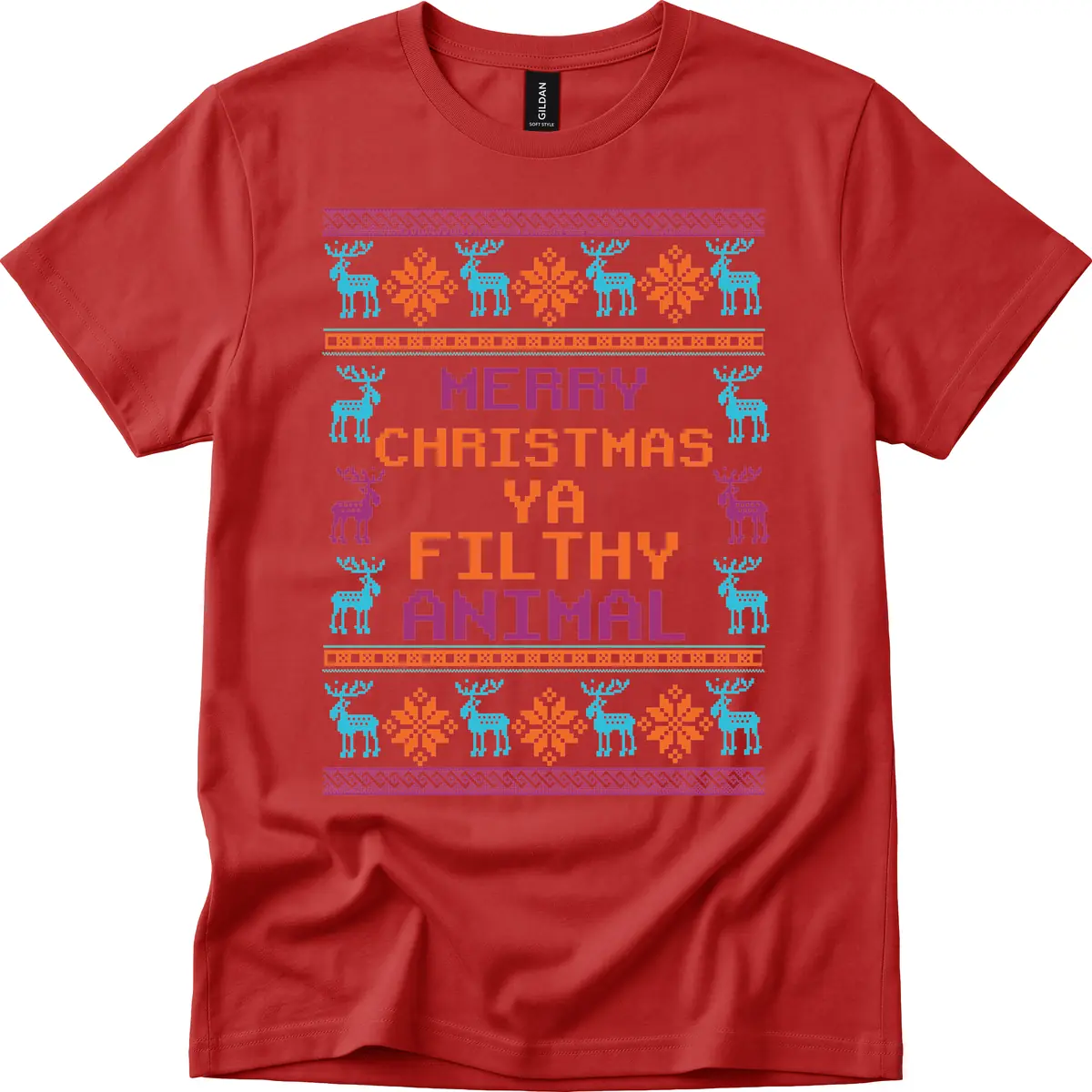 Merry Christmas Ya Filthy Animal Ugly Sweater T-Shirt in Red