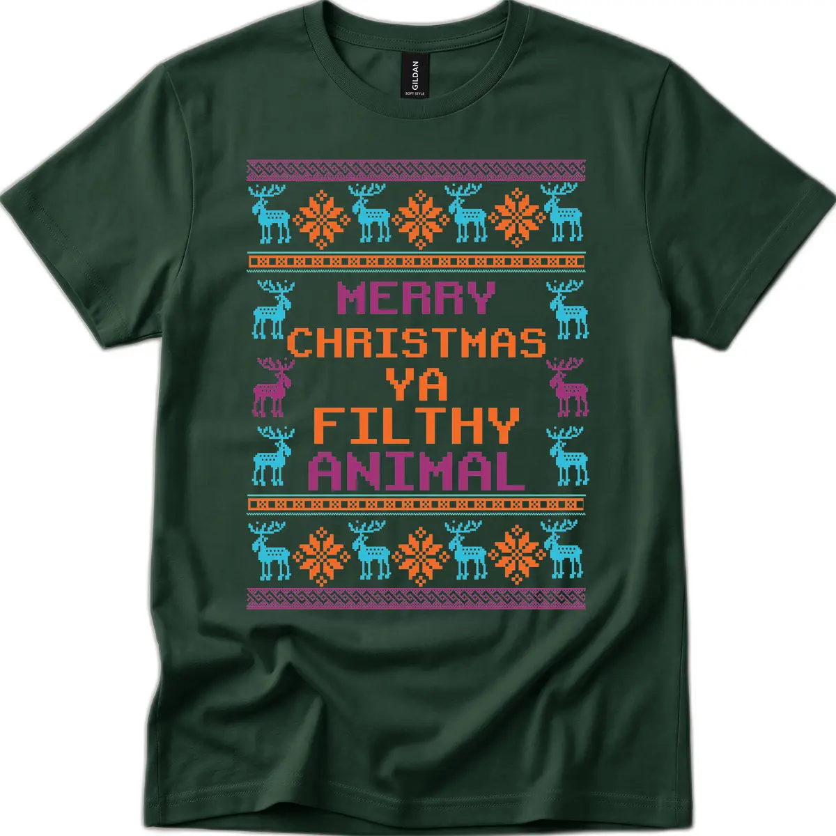 Merry Christmas Ya Filthy Animal Ugly Sweater T-Shirt in Forest Green