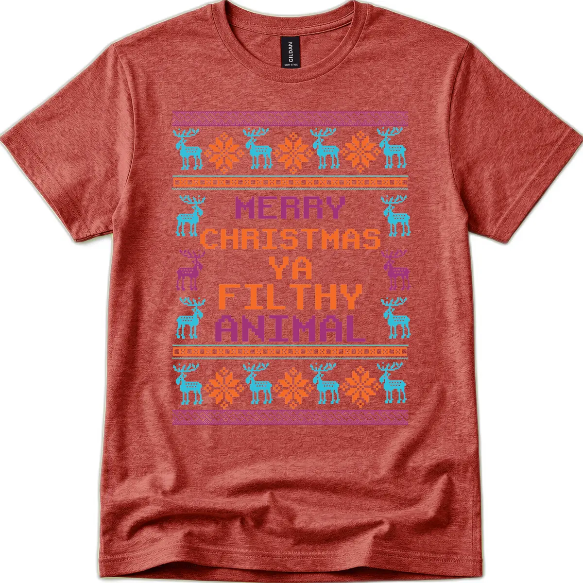 Merry Christmas Ya Filthy Animal Ugly Sweater T-Shirt in Heather Cardinal