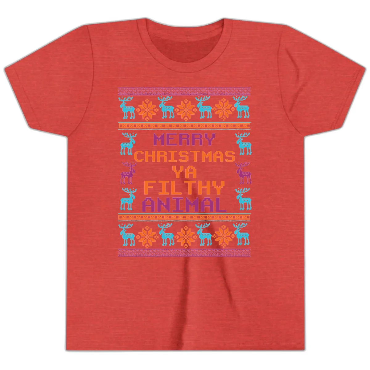 Merry Christmas Ya Filthy Animal Ugly Sweater Youth T-Shirt in Heather Red