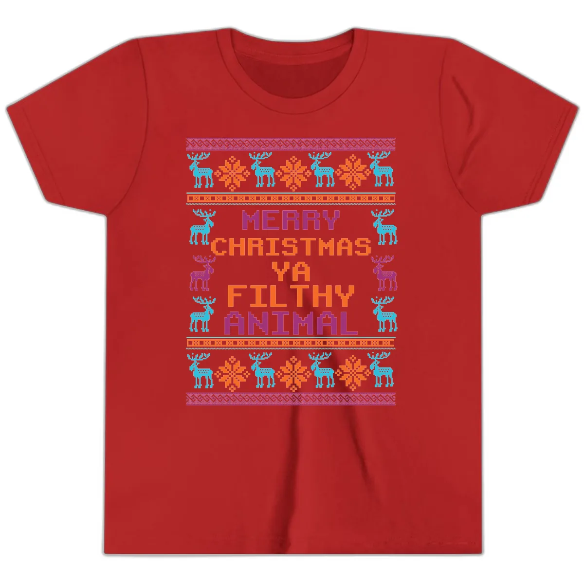 Merry Christmas Ya Filthy Animal Ugly Sweater Youth T-Shirt in Red