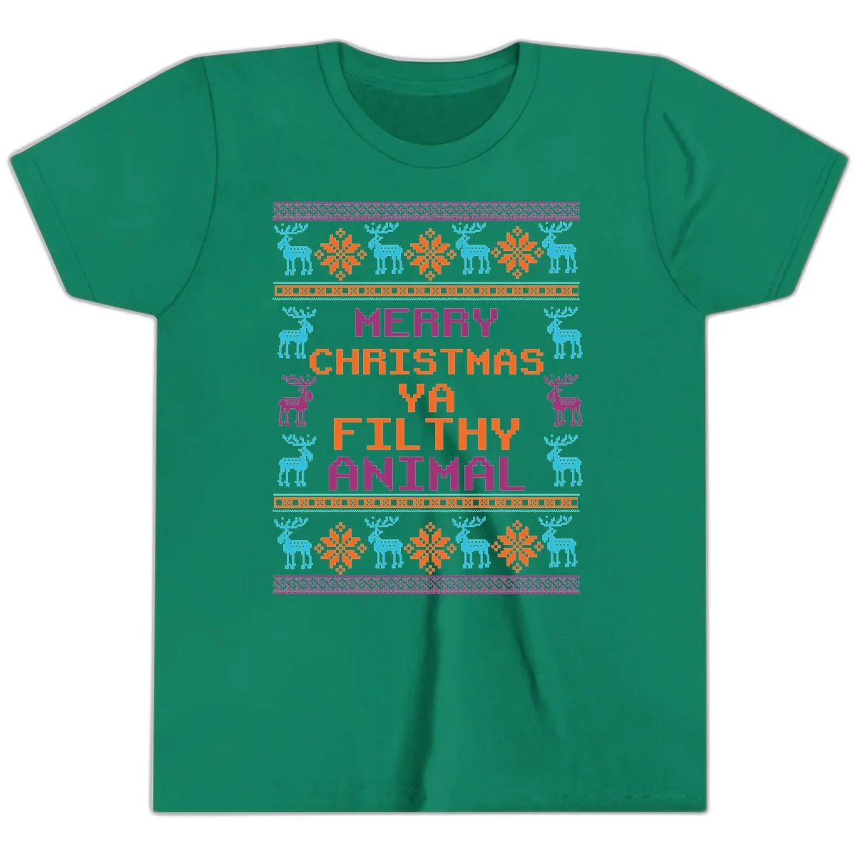 Merry Christmas Ya Filthy Animal Ugly Sweater Youth T-Shirt in Kelly