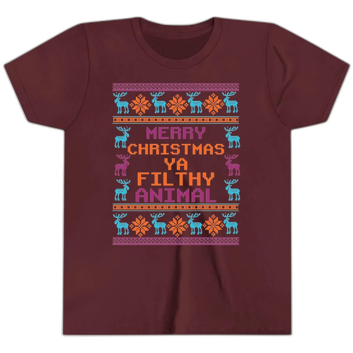Merry Christmas Ya Filthy Animal Ugly Sweater Youth T-Shirt in Maroon